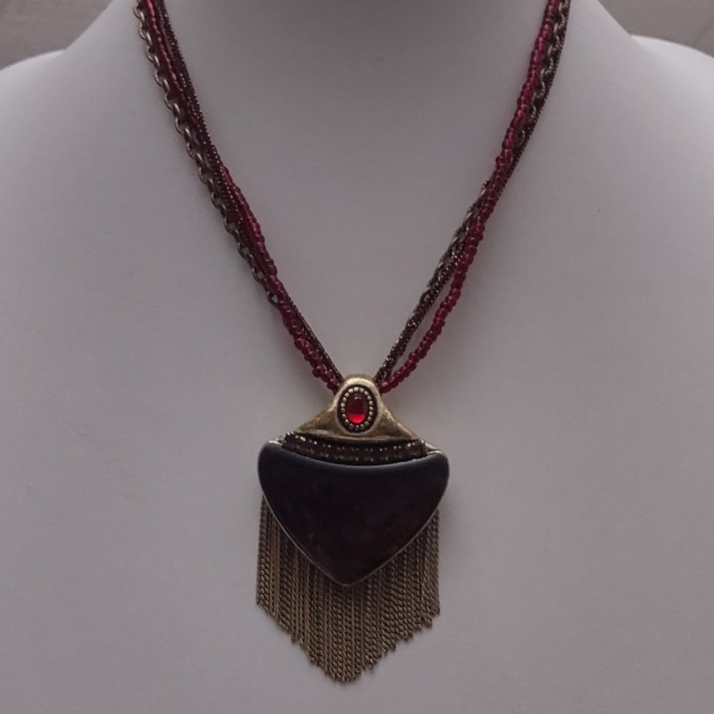 Chico's Dark Amber Colored Pendant with Metal Fringe and Beaded Necklace